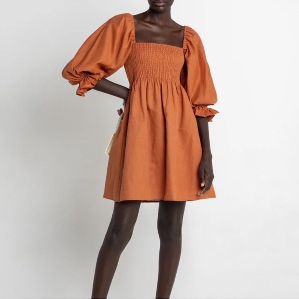 Kourt Flax Cotton Square Neck Smocked Portia Orange Puff Sleeve Mini Dress S